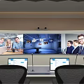 Modern Conference Room With Multiple Computer Screens Microphones Large Display Screen And People In Meeting