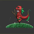 Red Cartoon Dinosaur Standing On Green Grass With Small Yellow Flowers And Falling Petals