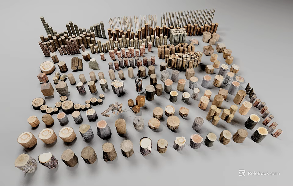 Various Types Of Natural Stones And Wood Pieces Stacked For Display Collection 3d model 