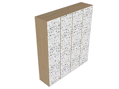 Modern Wardrobe with Wooden Side Panels White Doors Featuring Black Geometric Patterns 3d model