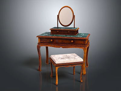 Vintage Wooden Dressing Table With Green Marble Top Round Mirror Drawers And Patterned Stool 3d model