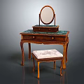 Vintage Wooden Dressing Table With Green Marble Top Round Mirror Drawers And Patterned Stool