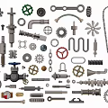 Various Mechanical Parts Silhouettes Featuring Gears Chains Bolts And Engineering Components 3d model