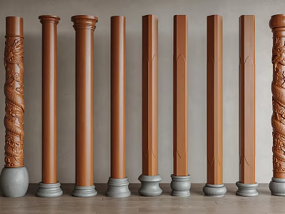 Decorative Brown Columns Featuring Various Carvings Gray Bases And Different Designs 3d model