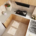 Wooden Cabinet Kitchen Interior With White Refrigerator Microwave Window And Stove