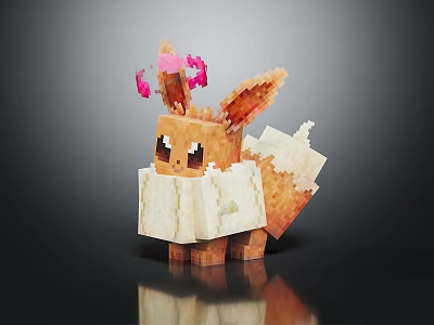 Pixel Art Cute Creature Character With Brown Body White Chest Pink Ear Decorations And Tail 3d model