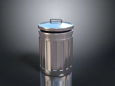 Silver Metal Trash Can With Lid And Vertical Stripes On Dark Reflective Surface 3d model