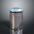 Silver Metal Trash Can With Lid And Vertical Stripes On Dark Reflective Surface