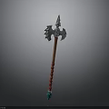 Medieval Axe Weapon with Wooden Handle Red Decorations Metal Head and Green Gemstone