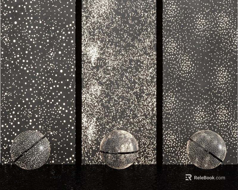 Black Wall with Vertical Panels Featuring White Dots Starry Pattern and Silver Spherical Ornaments 3d model