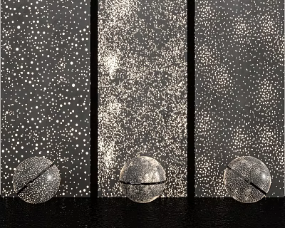 Black Wall with Vertical Panels Featuring White Dots Starry Pattern and Silver Spherical Ornaments 3d model