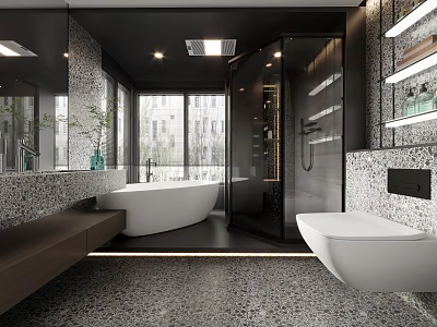 Modern Bathroom Interior With Freestanding Bathtub Shower Enclosure And Wall Mounted Toilet 3d model