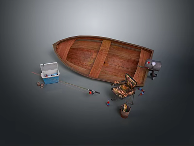 Wooden Fishing Boat With Blue Box Rod Reel And Tackle Equipment 3d model