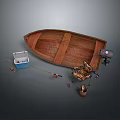 Wooden Fishing Boat With Blue Box Rod Reel And Tackle Equipment