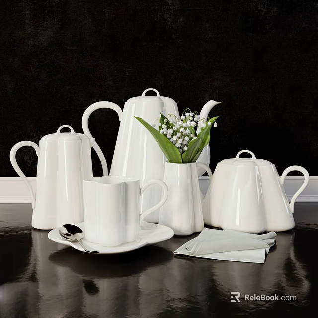 Elegant White Tea Set With Teapot Cup Sugar Bowl and Lily of the Valley 3d model 