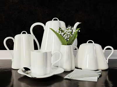 Elegant White Tea Set With Teapot Cup Sugar Bowl and Lily of the Valley 3d model