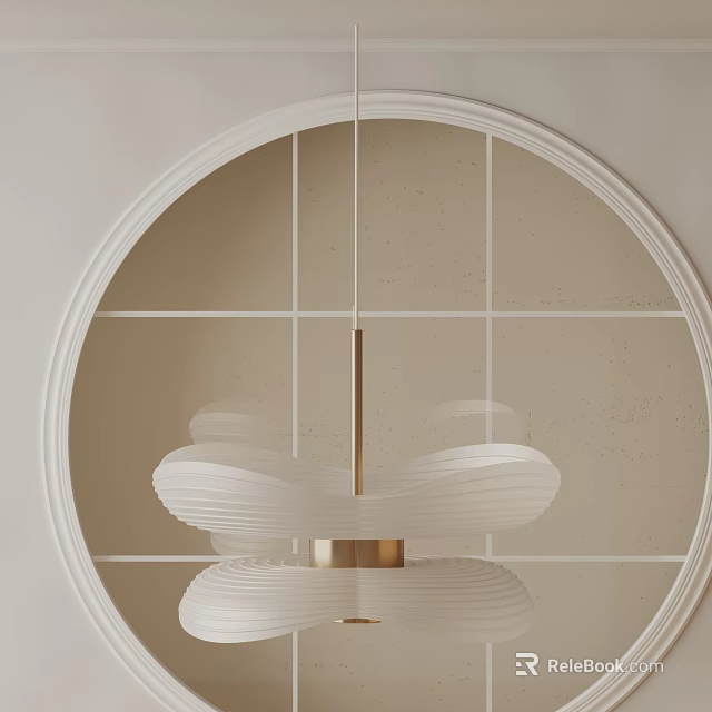 White Pleated Chandelier with Golden Base in Circular White Frame and Grid Patterned Wall 3d model 