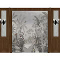 Elegant Sofa Backdrop Wall Interior With Tropical Mural Wooden Frames And Wall Sconces 3d model