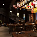 Traditional Japanese Restaurant Interior With Colorful Hanging Lanterns Wooden Tables And Shelves