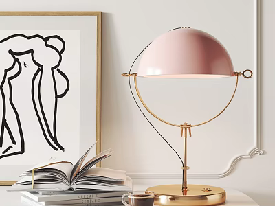 Pink Table Lamp With Gold Base Open Book Coffee Cup And Black White Line Art 3d model