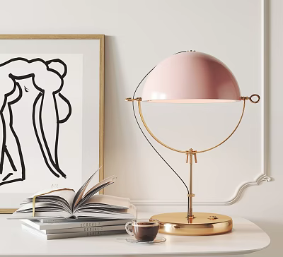 Pink Table Lamp With Gold Base Open Book Coffee Cup And Black White Line Art 3d model