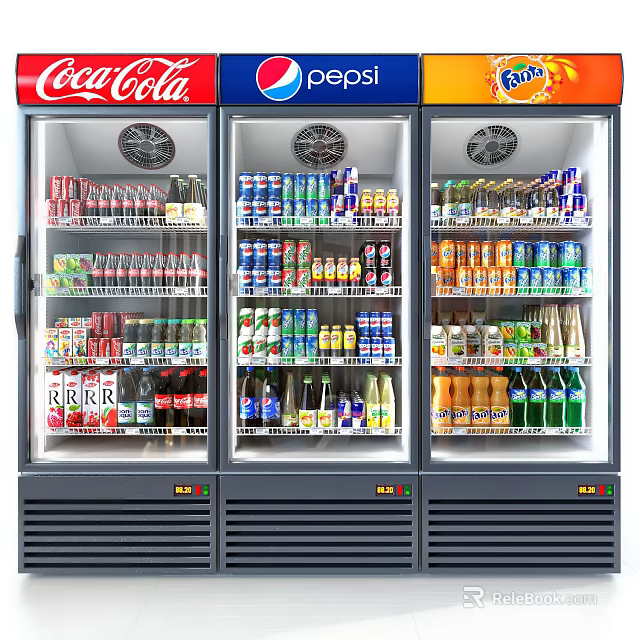 Commercial Beverage Refrigerator Freezer Stocked With Coca Cola Pepsi Fanta And Various Drinks 3d model 
