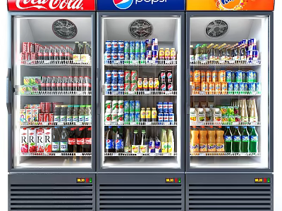 Commercial Beverage Refrigerator Freezer Stocked With Coca Cola Pepsi Fanta And Various Drinks 3d model