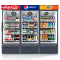 Commercial Beverage Refrigerator Freezer Stocked With Coca Cola Pepsi Fanta And Various Drinks