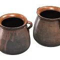 Two Brown Rustic Ceramic Pots with Double Handles and Natural Glazed Surface 3d model