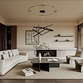 Modern Living Room Interior Featuring Light Colored Sofa Fireplace Artwork Coffee Table And Chandelier