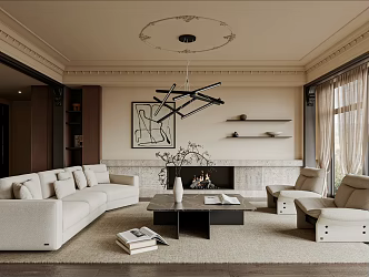 French Antique Living Room Sofa Single Chair Coffee Table Curtain Carpet Bookshelf Jewelry Chandelier Hanging Picture 3d model