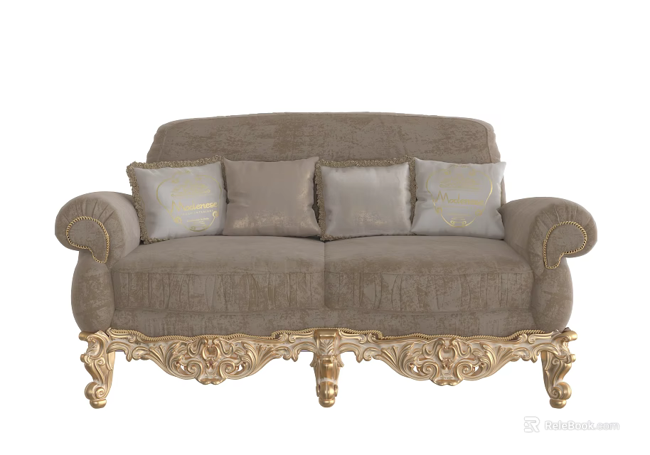 Luxurious European Style Two Seater Sofa With Fabric Upholstery Golden Carvings And Decorative Pillows 3d model 