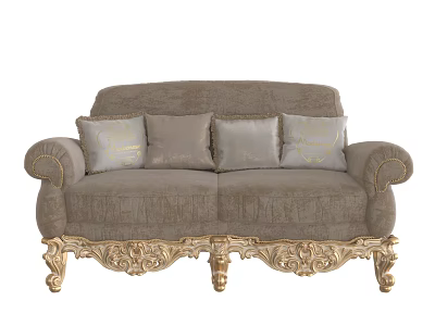 Luxurious European Style Two Seater Sofa With Fabric Upholstery Golden Carvings And Decorative Pillows 3d model