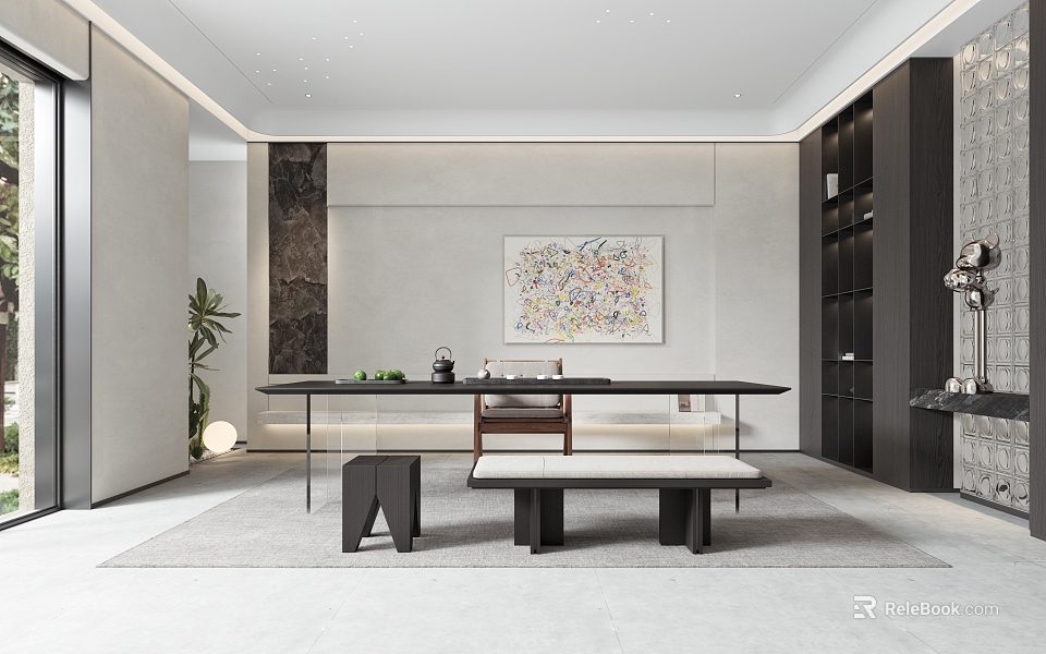 Modern Tea Room Interior Design With Long Table Bench Green Plant And Wall Painting 3d model 