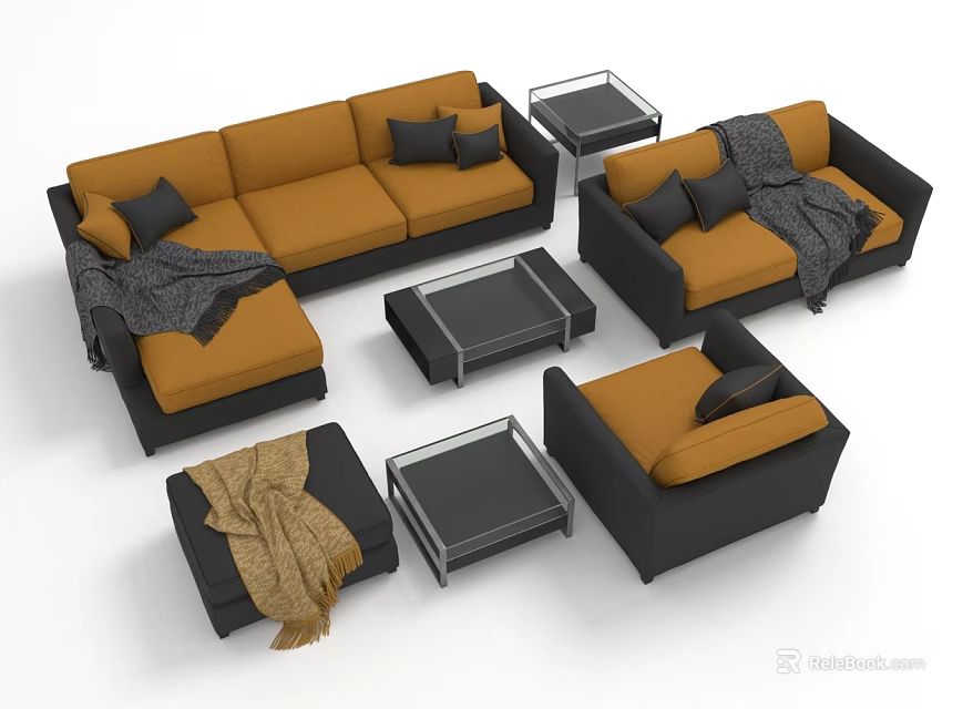Modern Orange Black Sofa Coffee Table Set With Pillows Throw Blankets And Glass Top Tables 3d model 