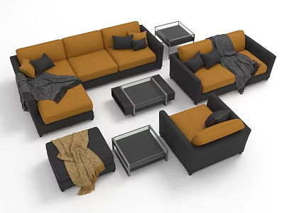 Modern Orange Black Sofa Coffee Table Set With Pillows Throw Blankets And Glass Top Tables 3d model