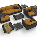 Modern Orange Black Sofa Coffee Table Set With Pillows Throw Blankets And Glass Top Tables