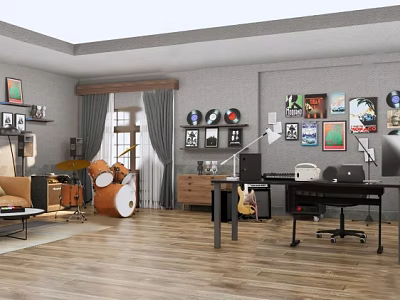 Public Office Space With Desk Chair Sofa Bookshelf Wall Art Vinyl Records And Wooden Flooring 3d model