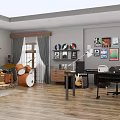 Public Office Space With Desk Chair Sofa Bookshelf Wall Art Vinyl Records And Wooden Flooring