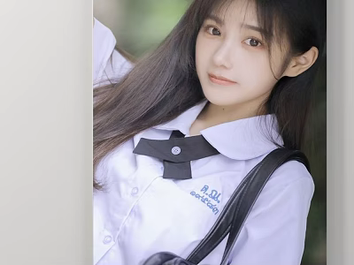 Portrait of Young Girl in White School Uniform With Black Bow Tie and Backpack 3d model