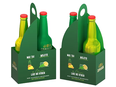 Mai Tai Drink Two Bottles in Green Carton with Pineapple and Lemon Graphics 3d model