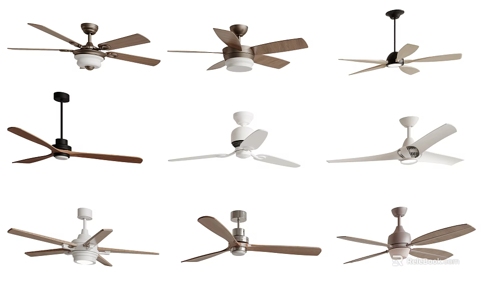 Various Modern Ceiling Fans With Different Blade Styles And Designs For Home Interior 3d model 