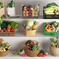 Fresh Assorted Fruits Displayed in Baskets Wooden Crates and Plastic Containers on Shelves