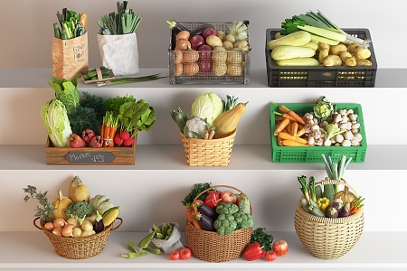 Fruit and vegetable combination basket bamboo basket bamboo basket bamboo basket vegetable basket vegetable basket celery cabbage eggplant onion tomato potato cucumber 3d model