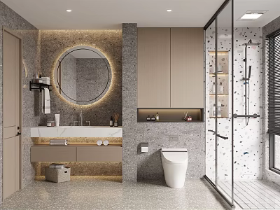 Modern Bathroom Interior Design With Round Mirror Vanity Toilet Gray Walls And Glass Shower Enclosure 3d model