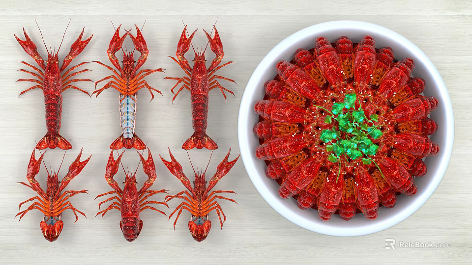 Fresh Crayfish Display With Bowl Of Cooked Seafood And Garnish 3d model 
