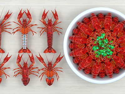 Fresh Crayfish Display With Bowl Of Cooked Seafood And Garnish 3d model