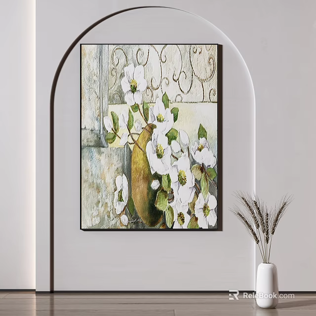 Vintage Plant Painting With White Dogwood Flowers In Ceramic Vase And Metal Frame 3d model 