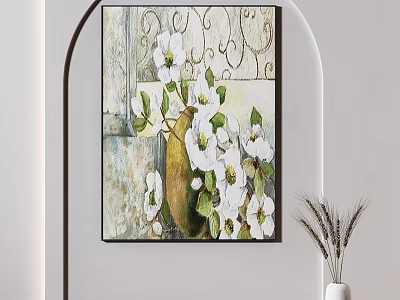 Vintage Plant Painting With White Dogwood Flowers In Ceramic Vase And Metal Frame 3d model
