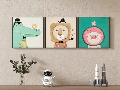 Cute Cartoon Animal Paintings With Crocodile Lion Pig In Hats And Watermelon 3d model